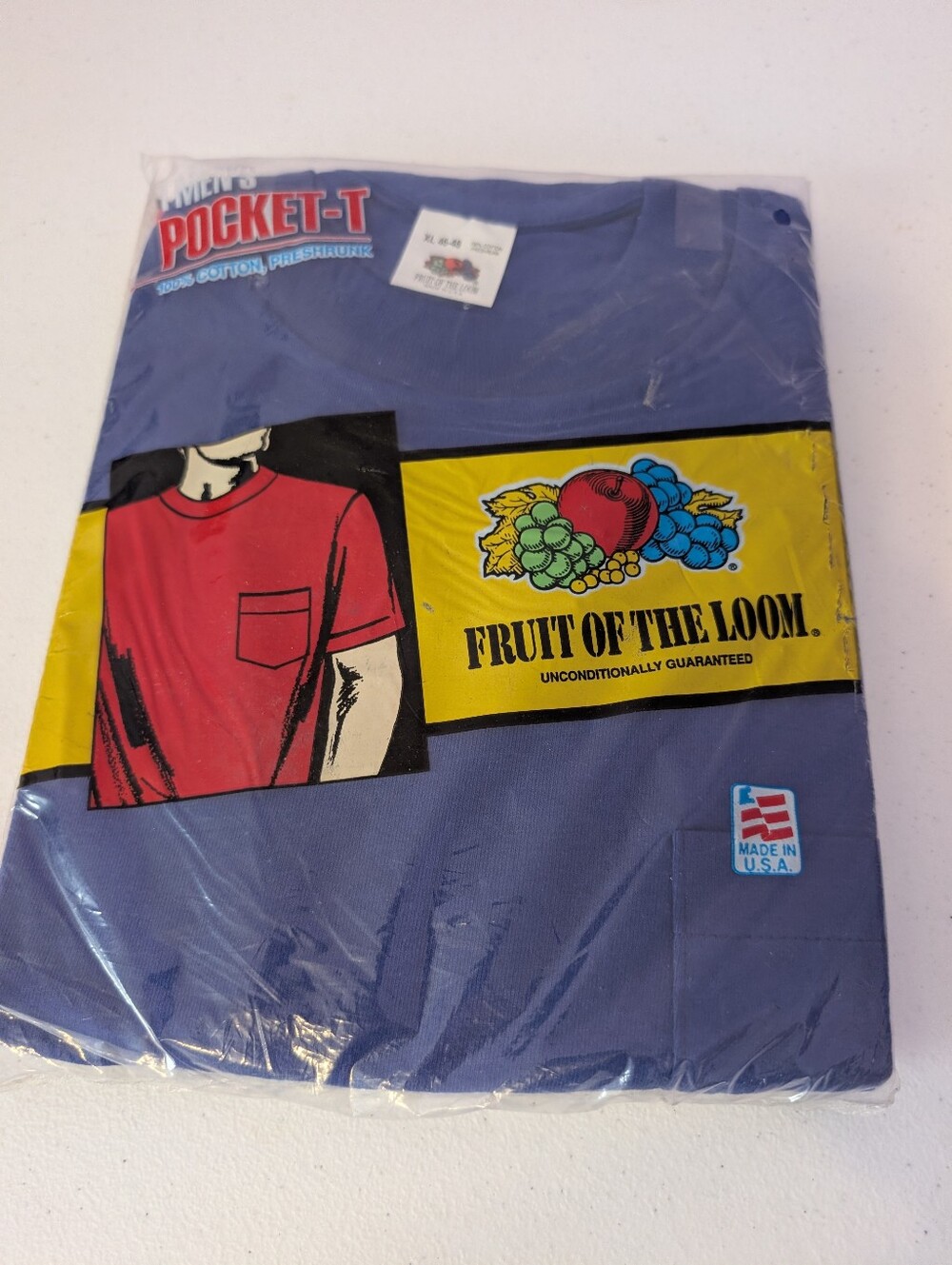 NOS VTG 1991 Fruit of the Loom Pocket T-Shirt BLUE Made in USA XL